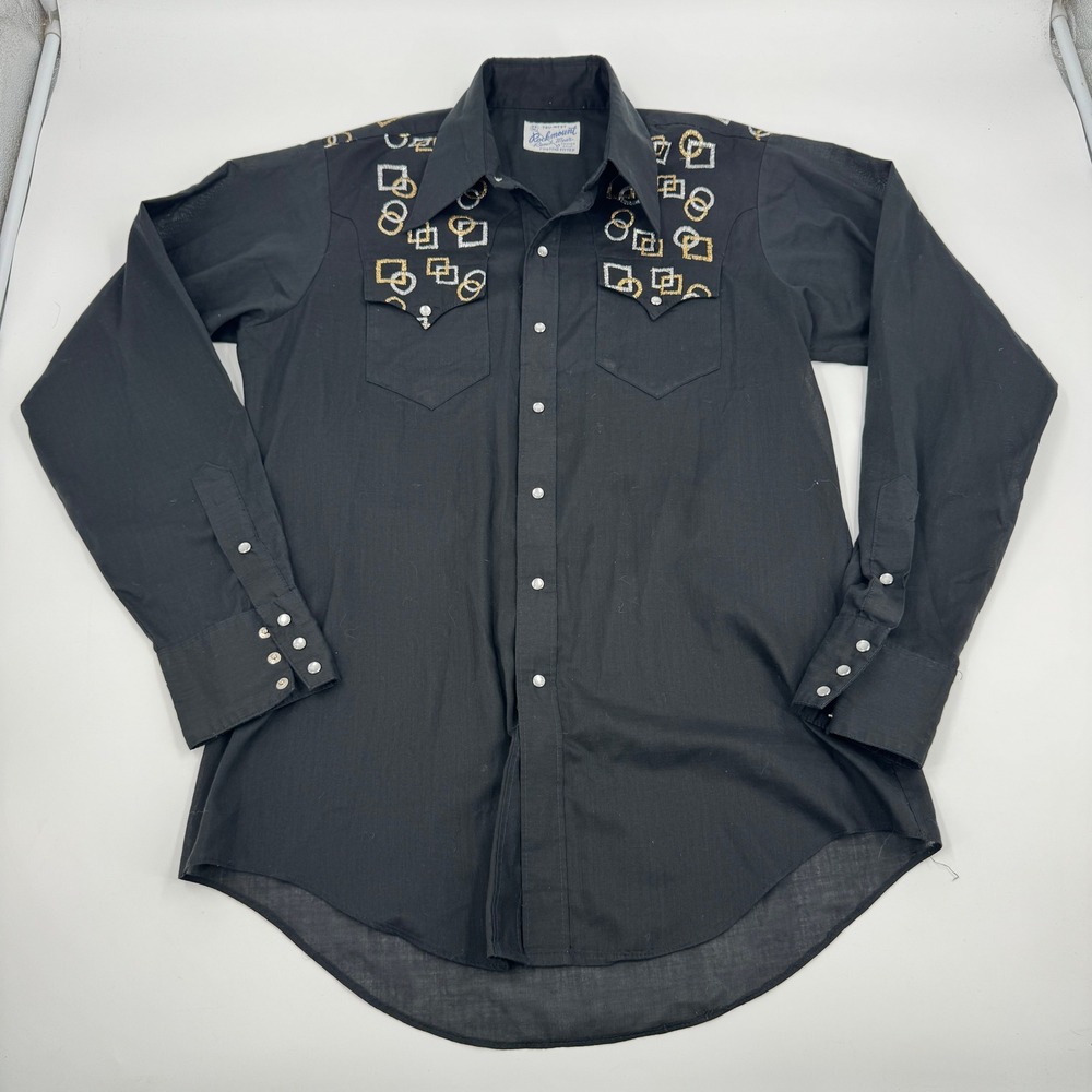 Rockmount Western Pearl Snap Shirt Mens L‎ Black Embroidered Geometric Vintage